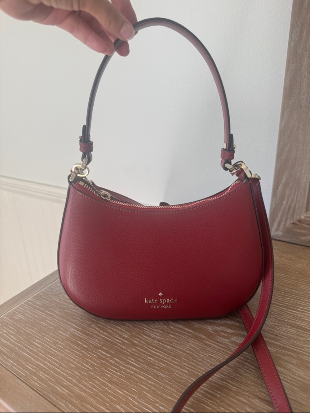 kate spade red leather crescent shoulder bag with gold hardware